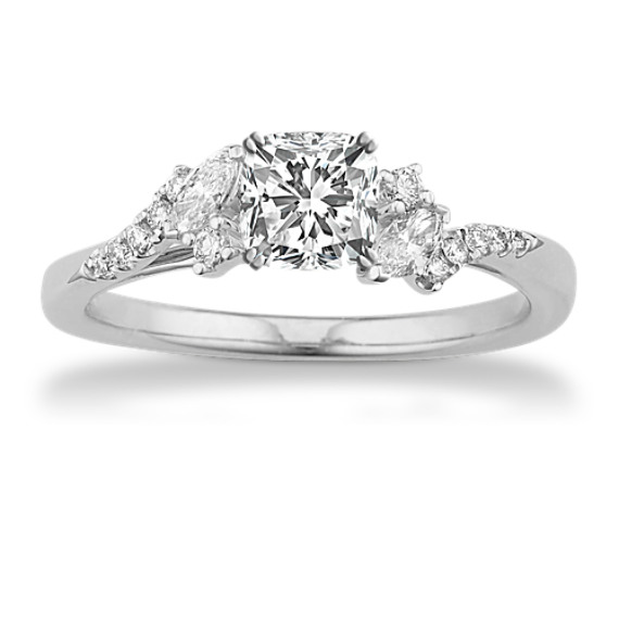Marquise and Round Diamond Cathedral Engagement Ring with Cushion Cut Diamond