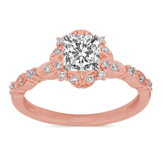 Vintage Pave-Set Diamond Halo Engagement Ring with Cushion Cut Diamond