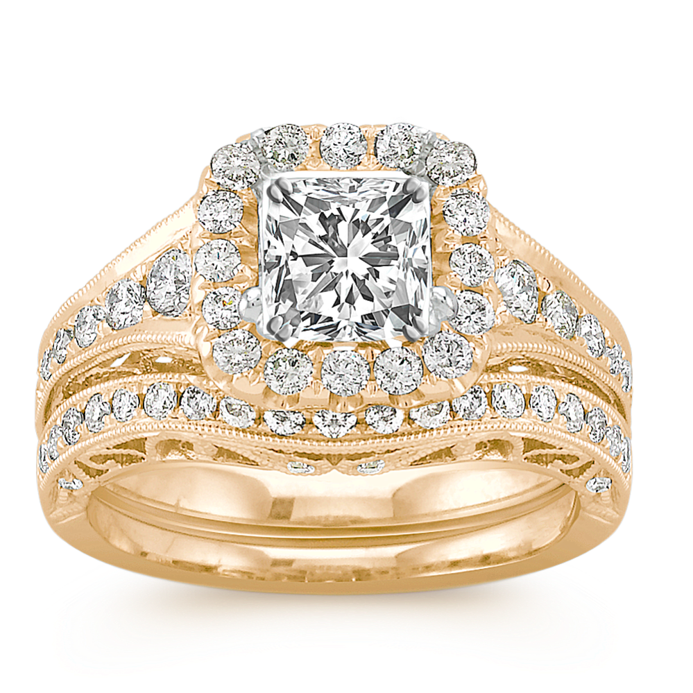 Halo Vintage Diamond Wedding Set in 14k Yellow Gold