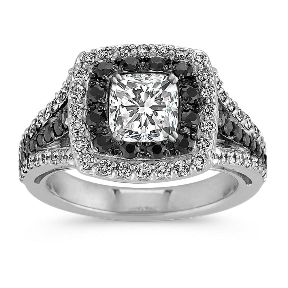 Round Black Sapphire and Round Diamond Halo Engagement Ring