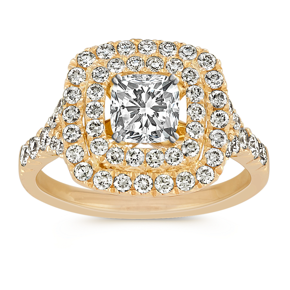 Double Cushion Halo Diamond Engagement Ring in 14k Yellow Gold