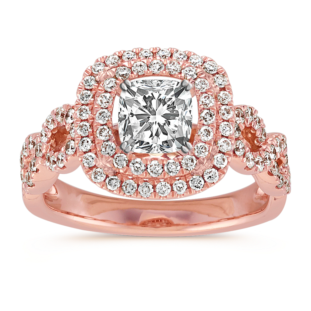 Cushion Double Halo Infinity Diamond Engagement Ring in 14k Rose Gold
