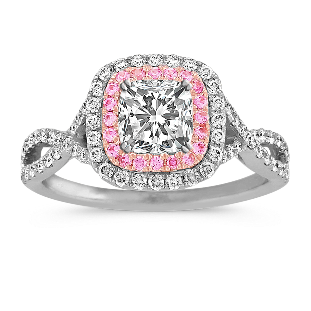 Cushion Cut Halo Round Diamond and Pink Sapphire Infinity Engagement Ring