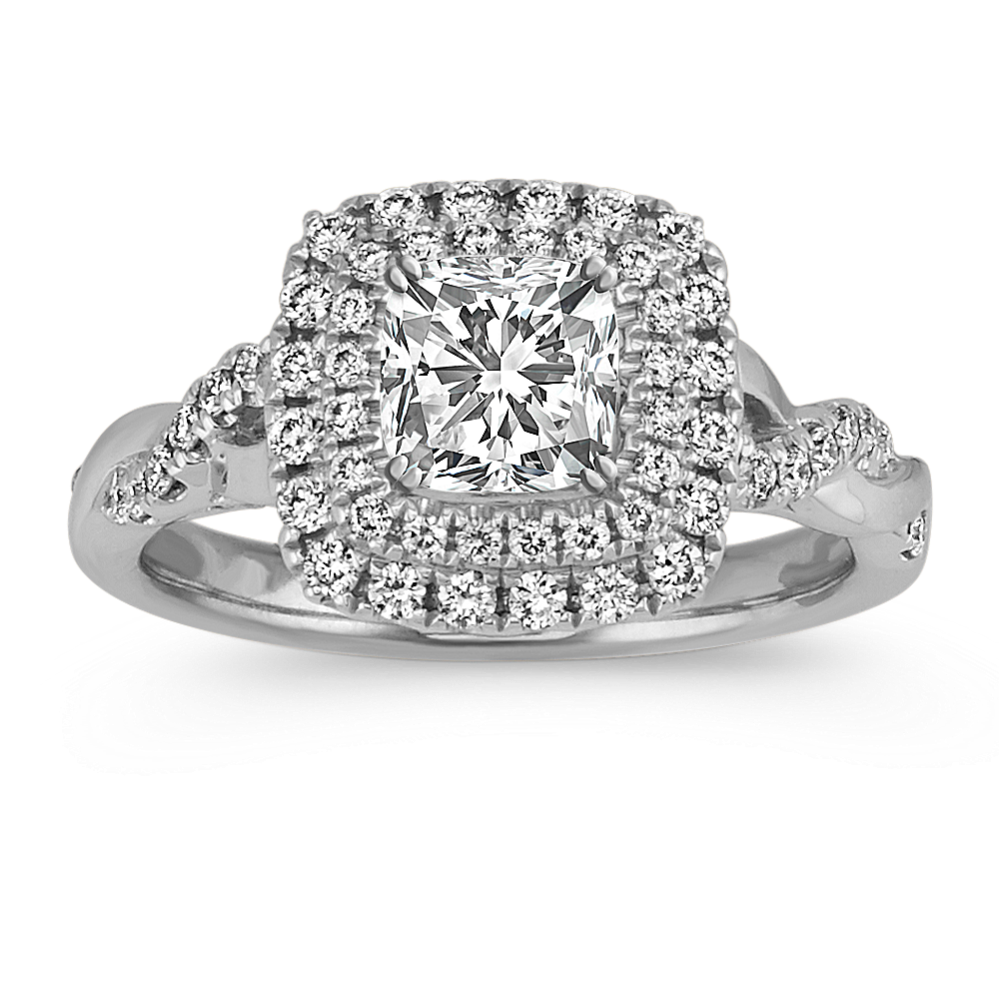 Square Halo Swirl Engagement Ring with Pave-Set Round Diamonds