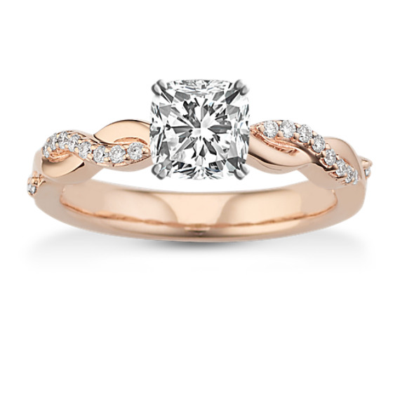 Swirl Round Diamond Engagement Ring in 14k Rose Gold with Cushion Cut Diamond