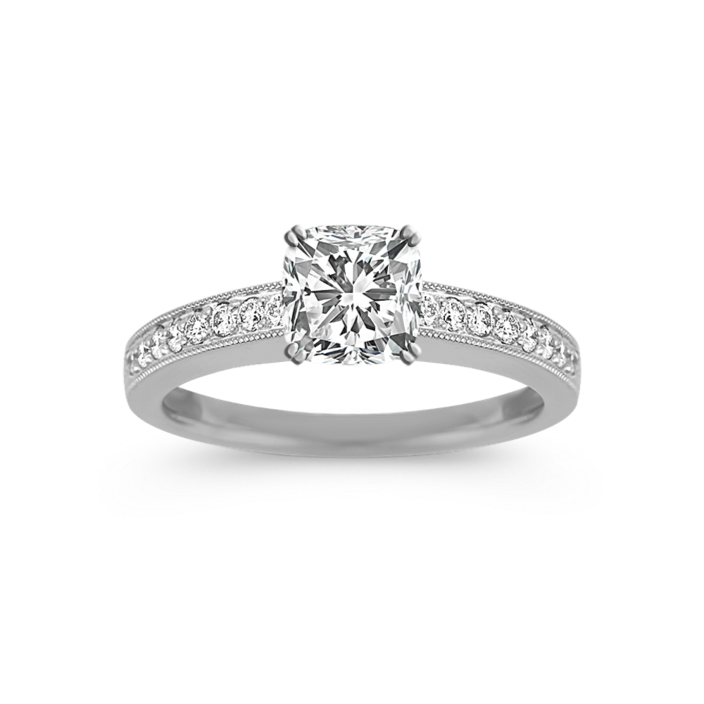 Round Natural Diamond with Milgrain Engagement Ring