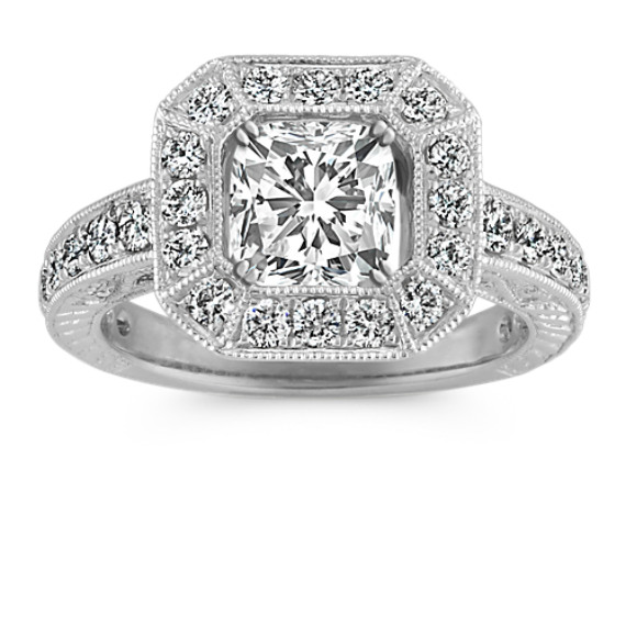 Halo Vintage Engraved Engagement Ring with Pavé-Setting in Platinum ...