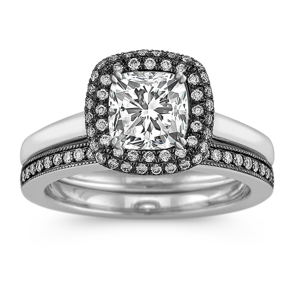 Halo Diamond Wedding Set with Black Rhodium and Pave Setting