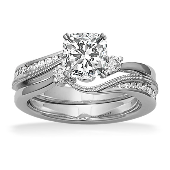 Three-Stone Diamond Swirl Wedding Set in 14k White Gold with Cushion Cut Diamond