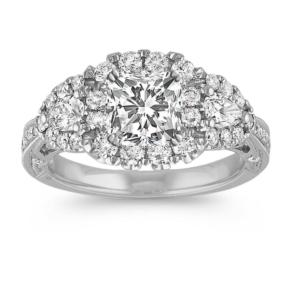 Vintage Halo Engagement Ring with Pear-Shaped and Round Diamond Accent