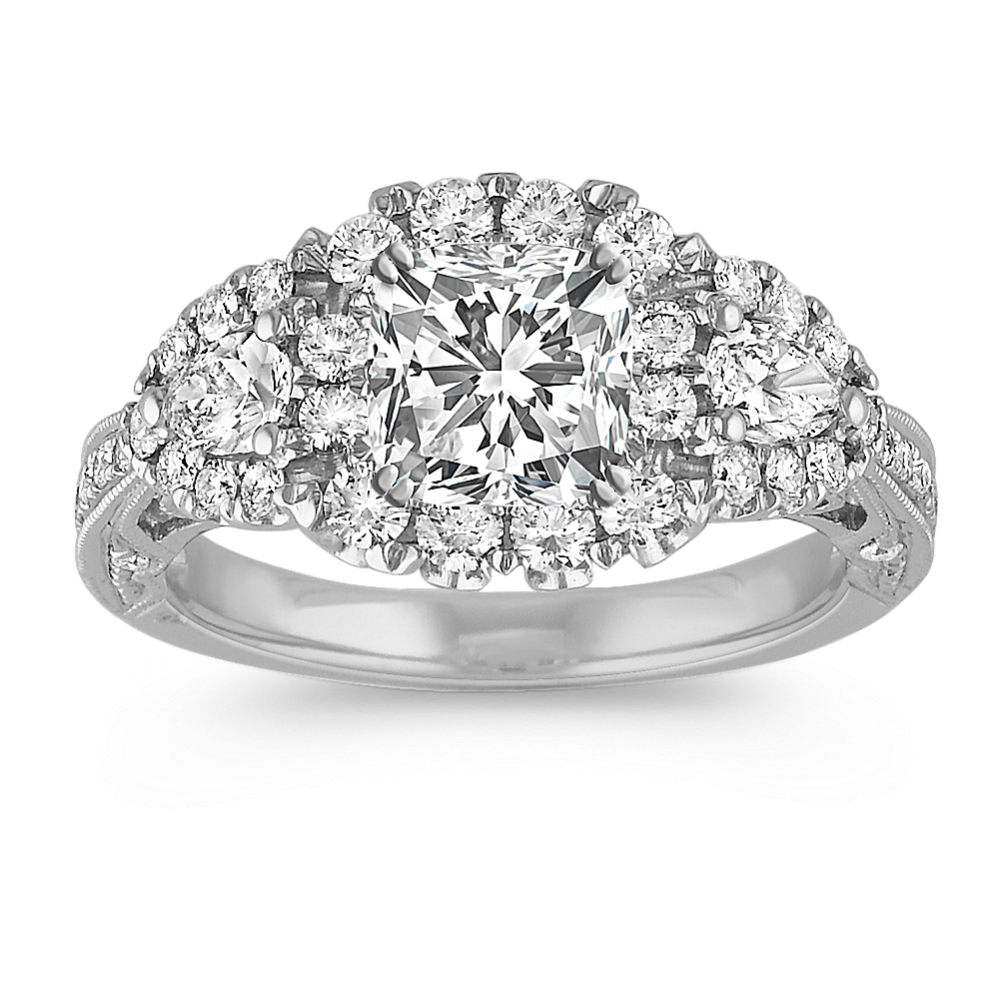 Vintage Halo Engagement Ring with Pear Shaped and Round Diamond Accent