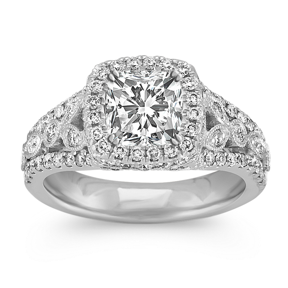 Halo Engagement Ring with Round Pave and Bezel-Set Diamonds