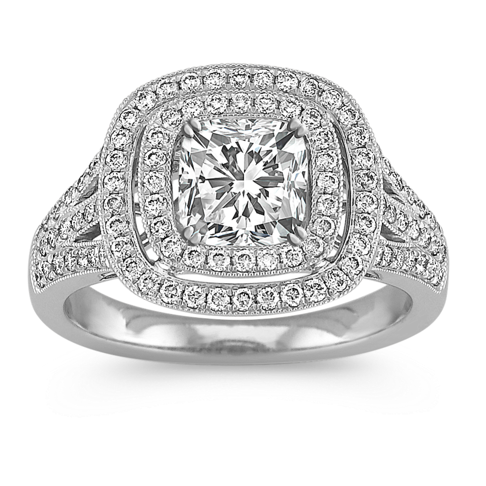 Double Halo Round Diamond Engagement Ring with Pave-Setting
