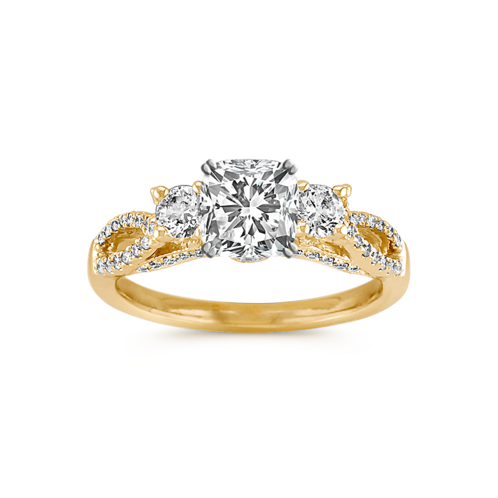 Poesie Three-Stone Natural Diamond Engagement Ring in 14k Yellow Gold