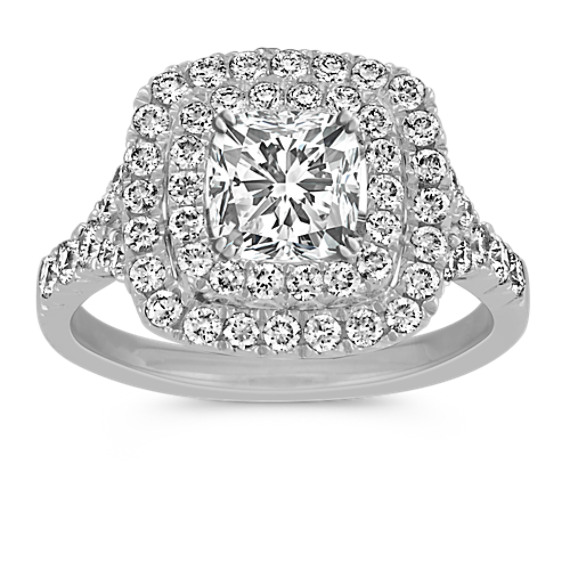 Double Cushion Halo Diamond Engagement Ring In 14k White Gold
