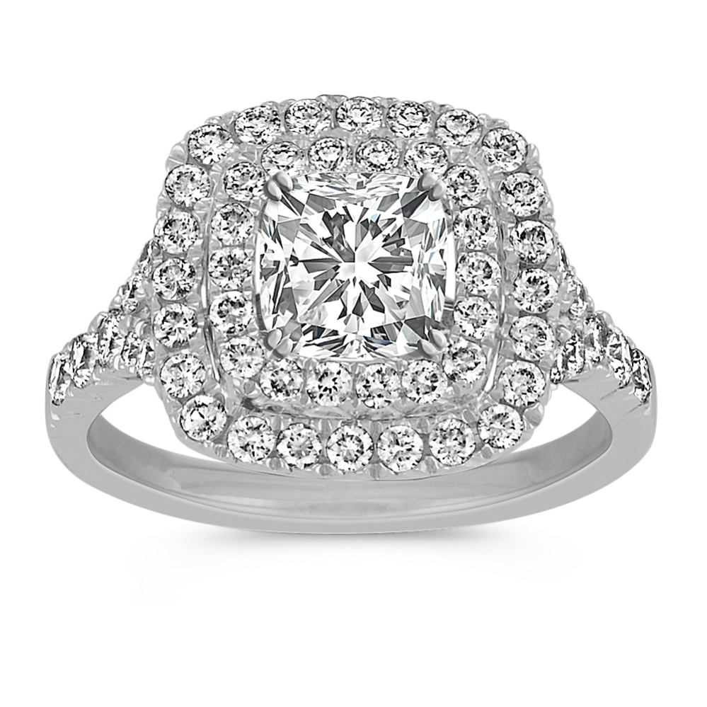 Double Cushion Halo Diamond Engagement Ring in 14k White Gold