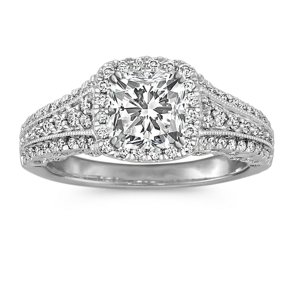 Pave-Set Round Diamond Halo Engagement Ring