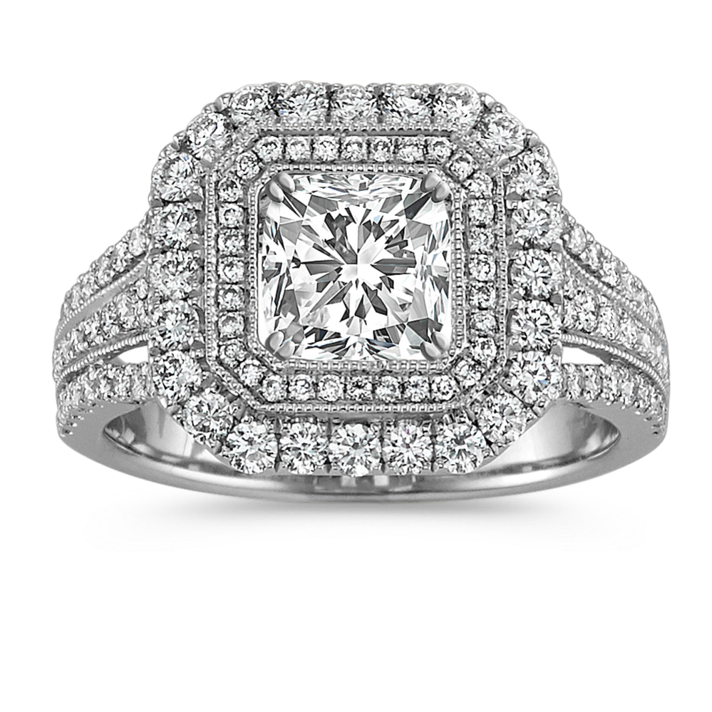 Cushion Halo Vintage Engagement Ring with Pave-Set Round Diamonds