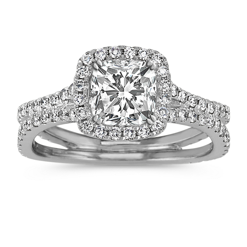 Round Diamond Cushion Halo Split Shank Engagement Ring