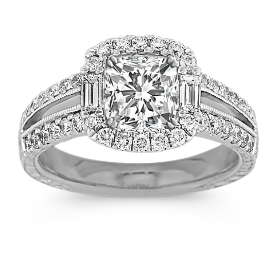 Halo with Side Baguette and Round Diamond Engagement Ring with Pave Setting