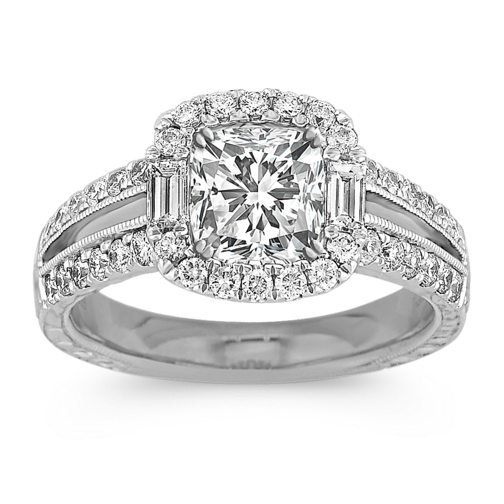 Halo with Side Baguette and Round Diamond Engagement Ring with Pave Setting