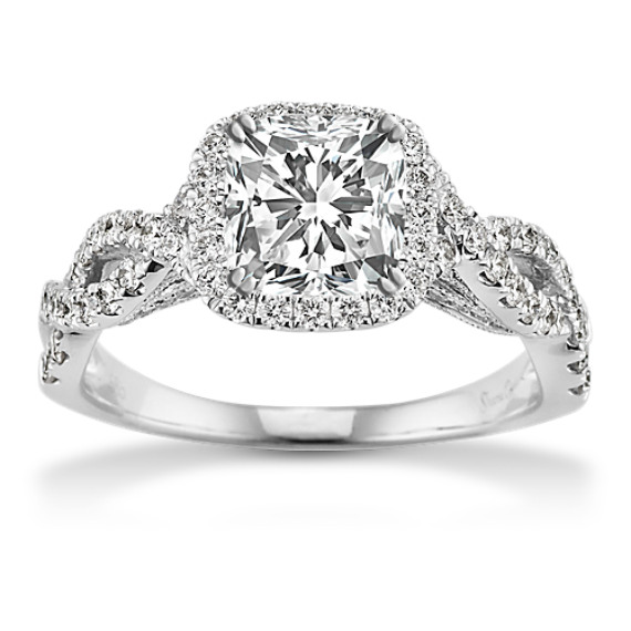 Infinity Halo Diamond Engagement Ring in 14k White Gold with Cushion Cut Diamond