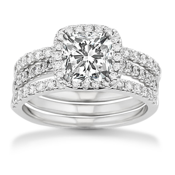 Round Diamond Halo Wedding Set in 14k White Gold with Cushion Cut Diamond