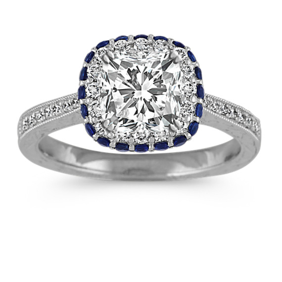 Vintage Halo Diamond and Sapphire Engagement Ring with Cushion Cut Diamond