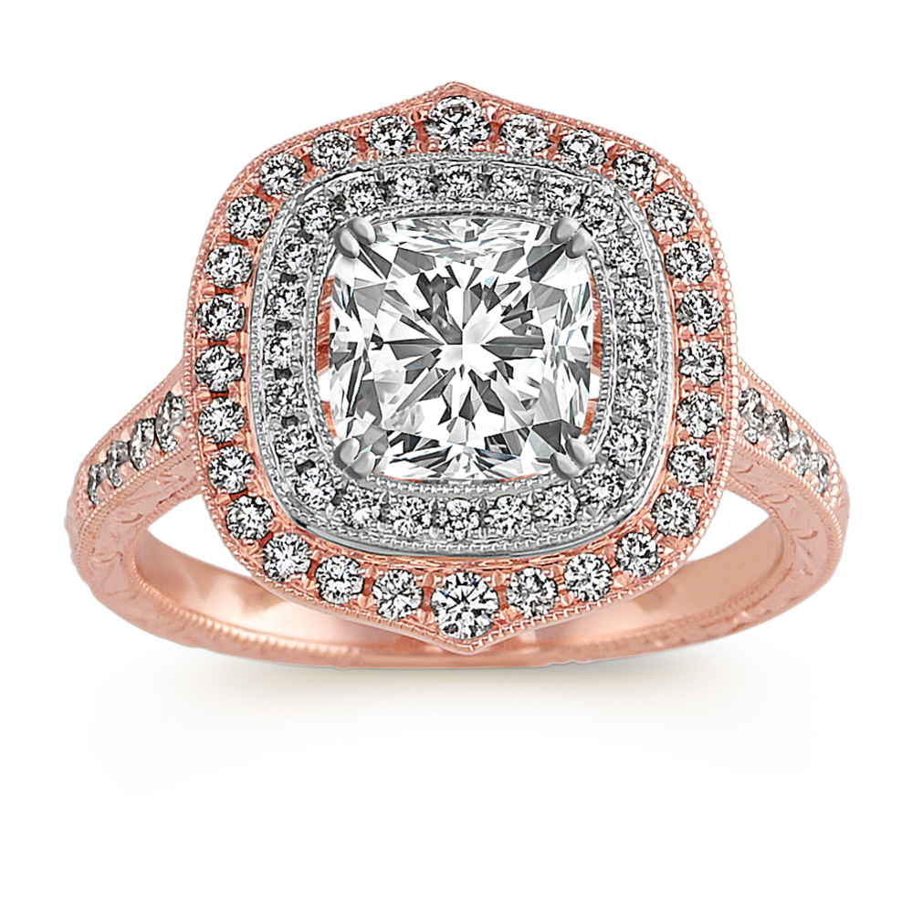 Double Halo Diamond Engagement Ring in 14k Two-Tone Gold