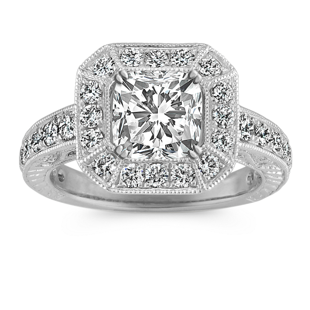 Halo Vintage Engraved Engagement Ring with Pave-Setting in Platinum