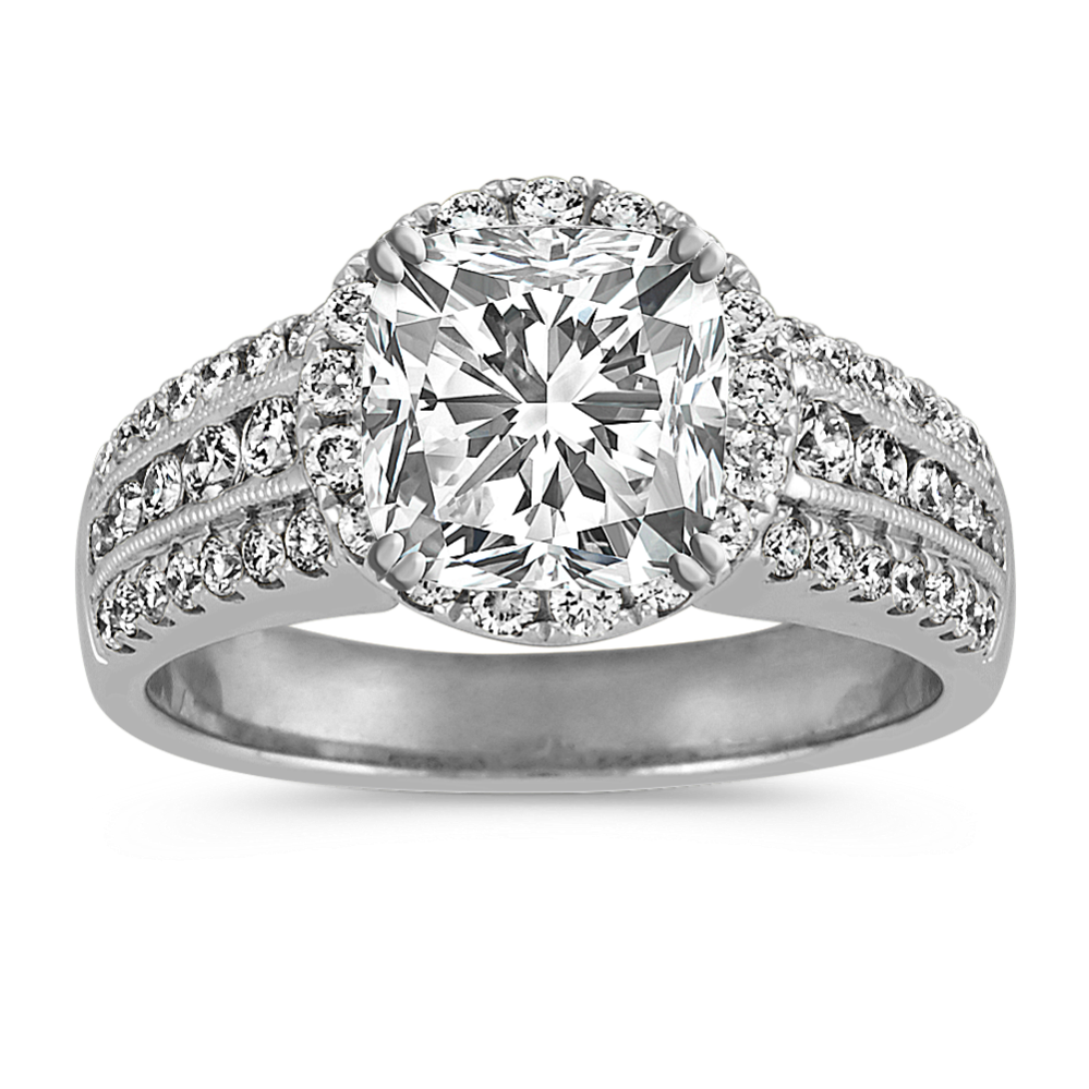 Round Pave Set Diamond Halo Engagement Ring in 14k White Gold