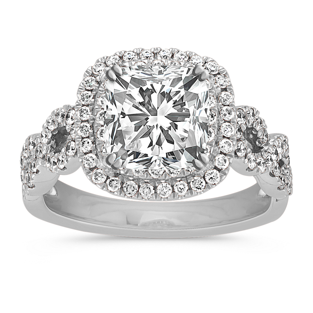 Cushion Double Halo Infinity Diamond Engagement Ring in 14k White Gold