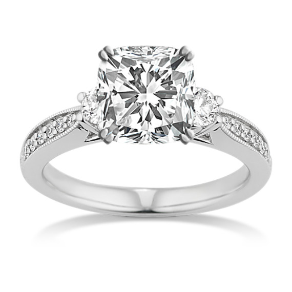 Vintage Three-Stone Pave-Set Diamond Engagement Ring with Cushion Cut Diamond