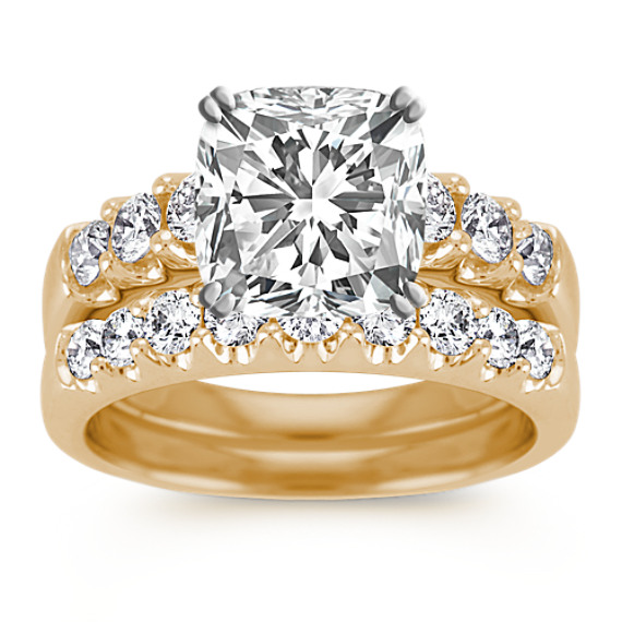 Cello Round Diamond Wedding Set in 14k Yellow Gold with Cushion Cut Diamond
