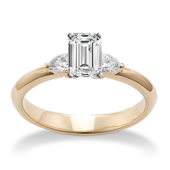 Three-Stone Pear Shaped Diamond Engagement Ring in 14k Yellow Gold with Emerald Cut Diamond