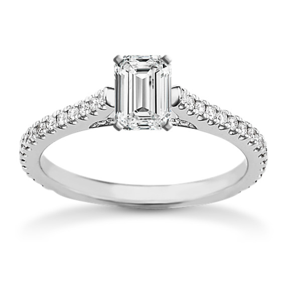 Reina Pave-Set Round Diamond Engagement Ring in 14k White Gold with Emerald Cut Diamond