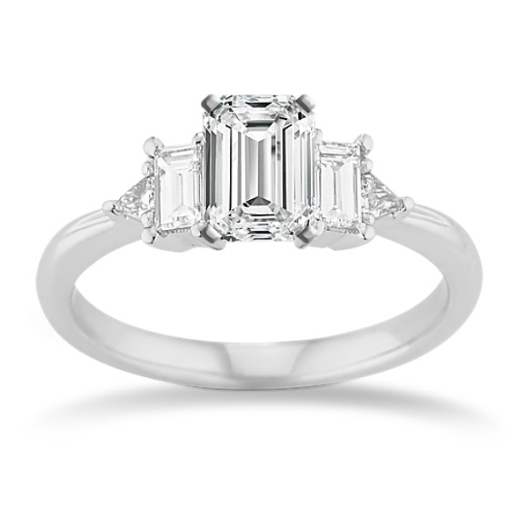 Three-Stone Baguette 14k White Gold Engagement Ring with Emerald Cut Diamond