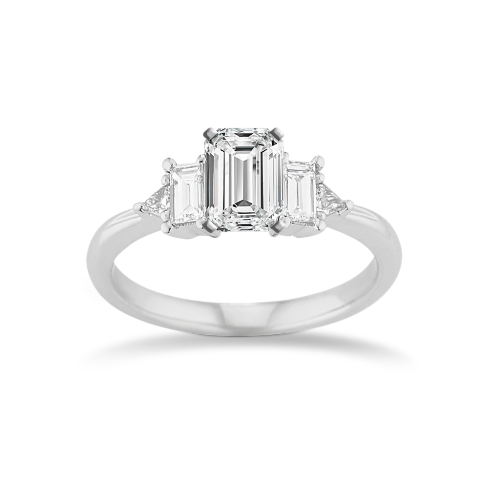 Three-Stone Baguette 14k White Gold Engagement Ring with Emerald Cut Diamond