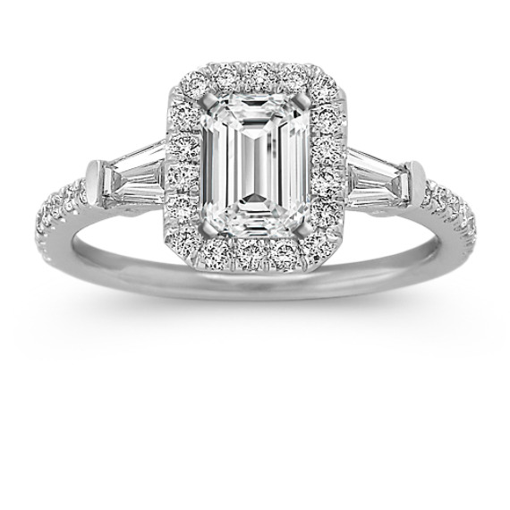 Halo Baguette and Round Diamond Engagement Ring
