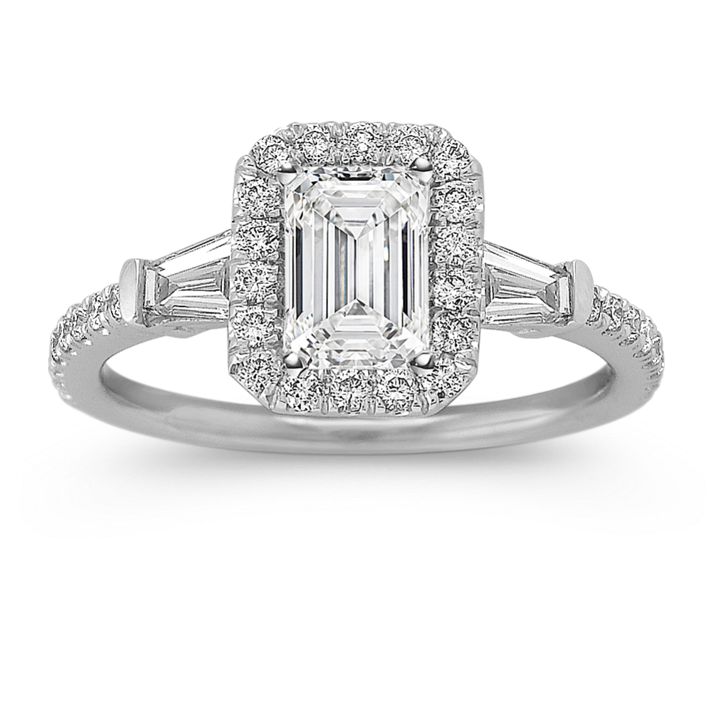 Halo Baguette and Round Diamond Engagement Ring
