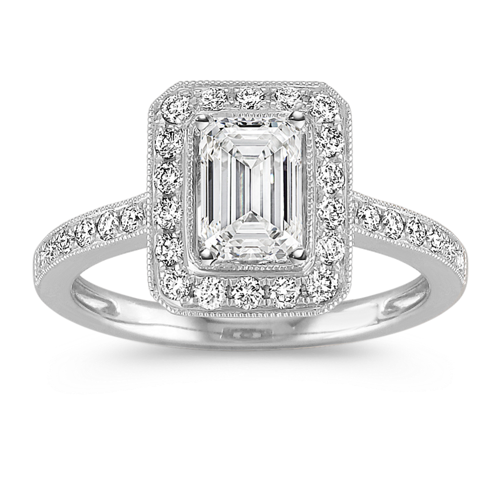 Vintage Emerald Halo Diamond Engagement Ring with Pave-Setting