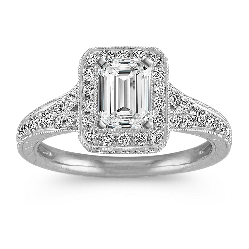 Halo Vintage Diamond Platinum Engagement Ring with Pave Setting