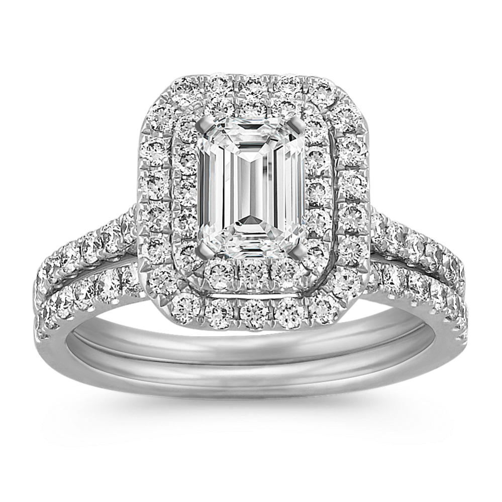Emerald Cut Double Halo Wedding Set with Round Diamond Accents