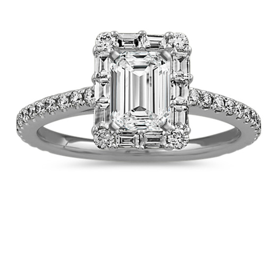 Baguette Diamond Halo Engagement Ring