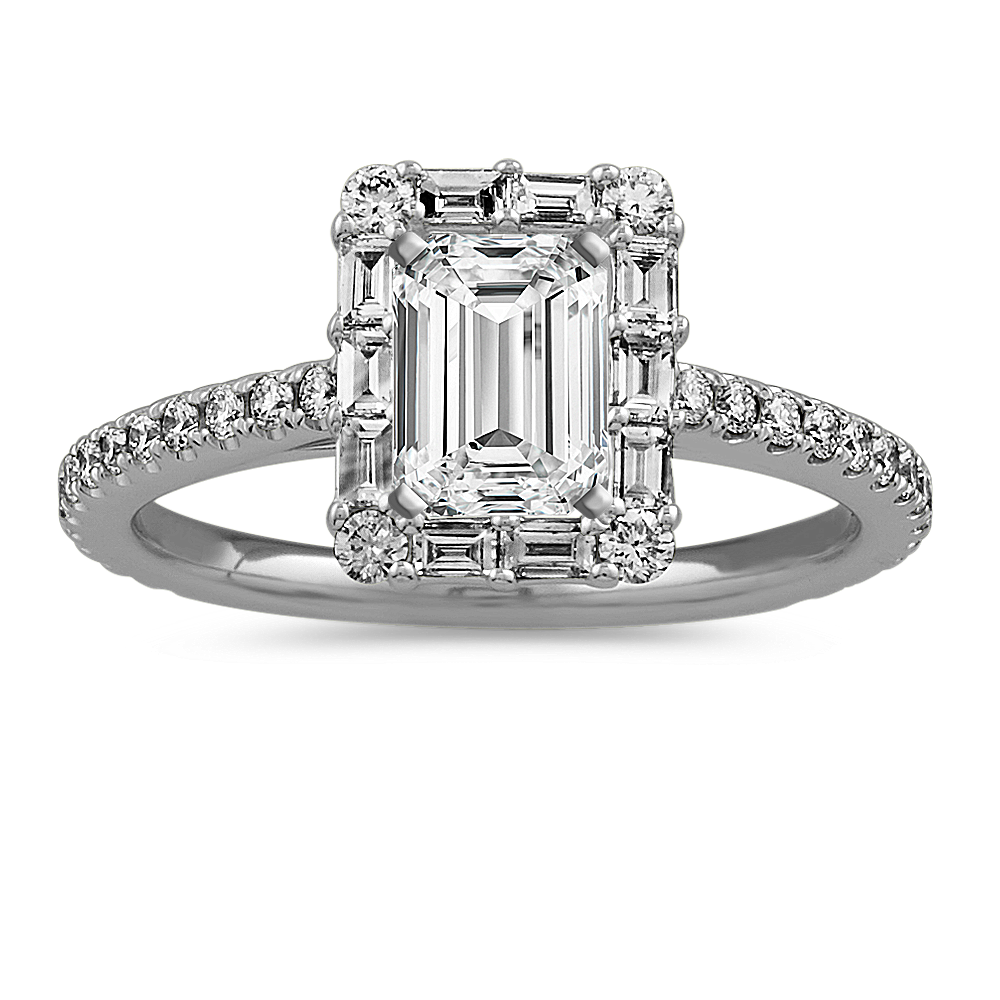 Baguette Diamond Halo Engagement Ring