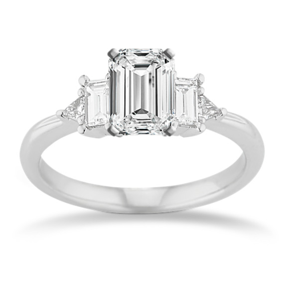 Three-Stone Baguette 14k White Gold Engagement Ring with Trillion Diamonds