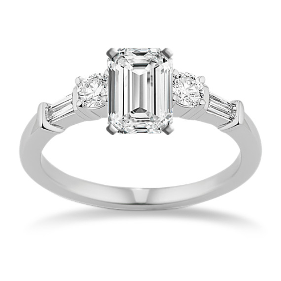 Celeste Three-Stone Baguette and Round Diamond Engagement Ring