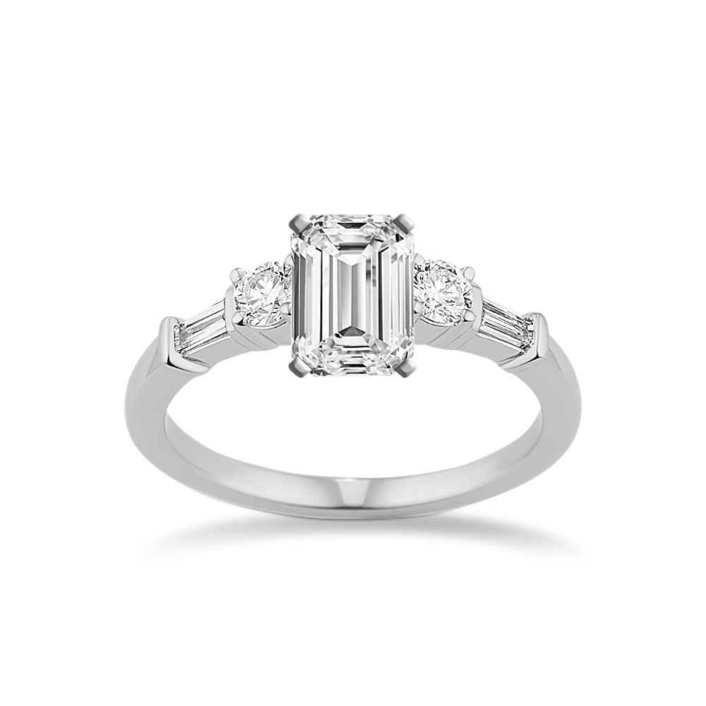 Celeste Three-Stone Baguette and Round Natural Diamond Engagement Ring
