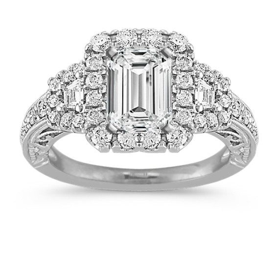 Pave-Set Trapezoid and Round Diamond Vintage Halo Engagement Ring