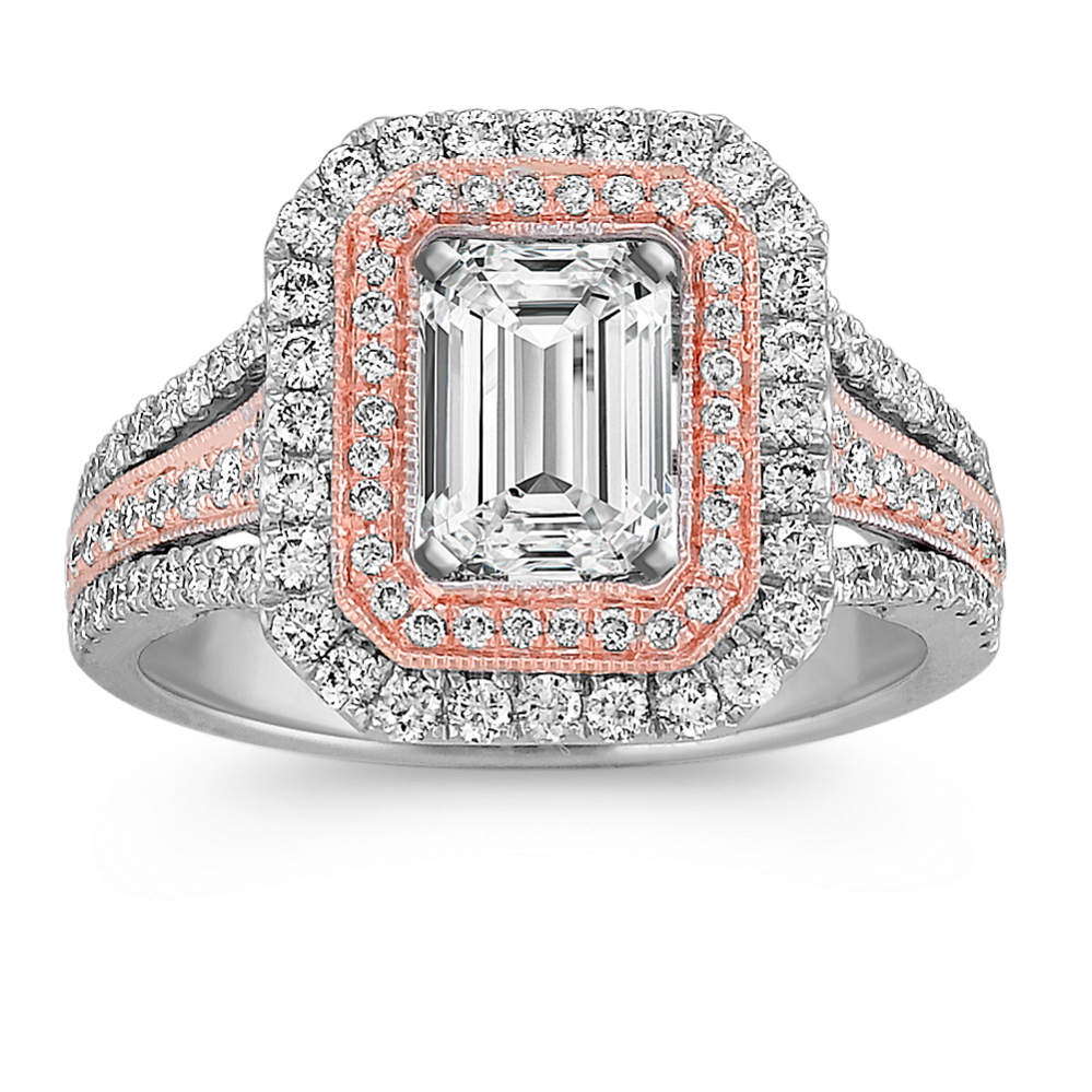 Round Diamond Double Halo Two-Tone Engagement Ring